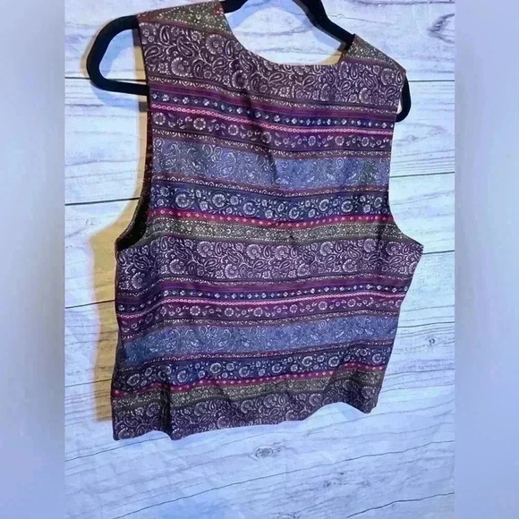 100% Silk Paisley Vest 14 Talbots Striped Button-up Purple Green Satin - Picture 6 of 7